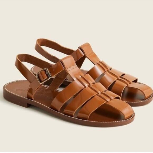 NEW J. Crew Fisherman Sandals Shiny Spazzolato Leather Brown 9 - Picture 9 of 10